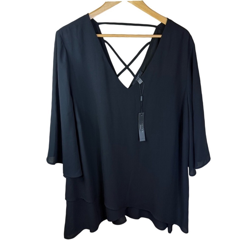 NWT Tahari Woman 2X Black‎ Flowy Blouse 3/4 Bell Sleeves Open Back Career Office